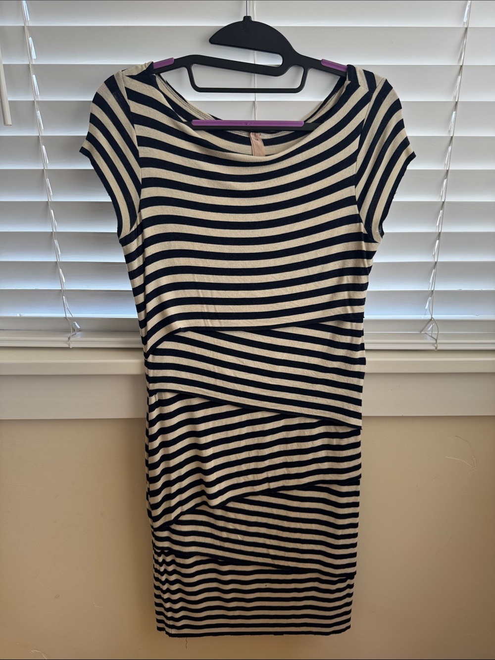 Bailey 44 Navy and Cream Striped Midi Shift Dress with Layered Front